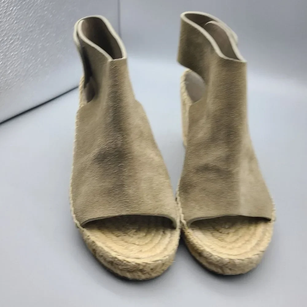 CELINE Women Sandals Taupe Leather Open-Toe Espadrille Wedge High Heel Sz 6 36